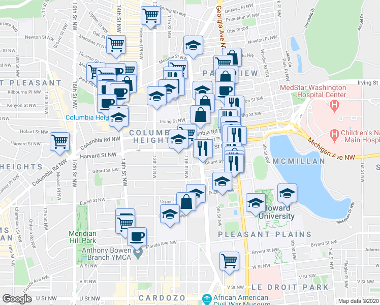 map of restaurants, bars, coffee shops, grocery stores, and more near 2831 11th Street Northwest in Washington