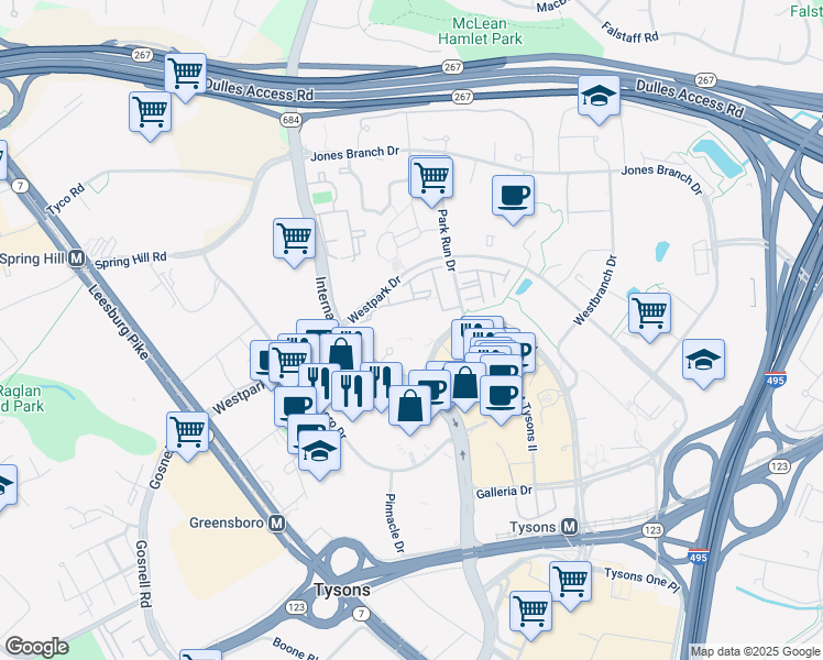 map of restaurants, bars, coffee shops, grocery stores, and more near 1641 International Drive in McLean