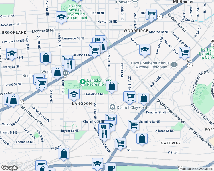 map of restaurants, bars, coffee shops, grocery stores, and more near 2841 Mills Avenue Northeast in Washington