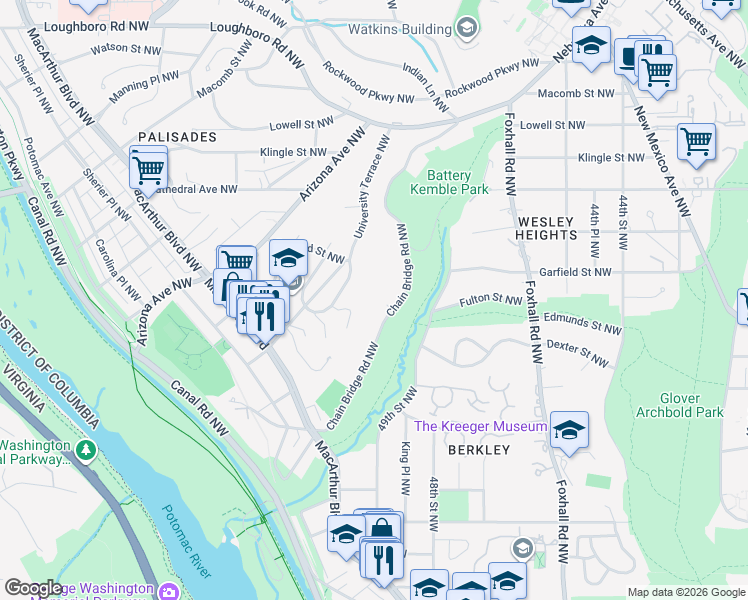 map of restaurants, bars, coffee shops, grocery stores, and more near 2730 Chain Bridge Road Northwest in Washington