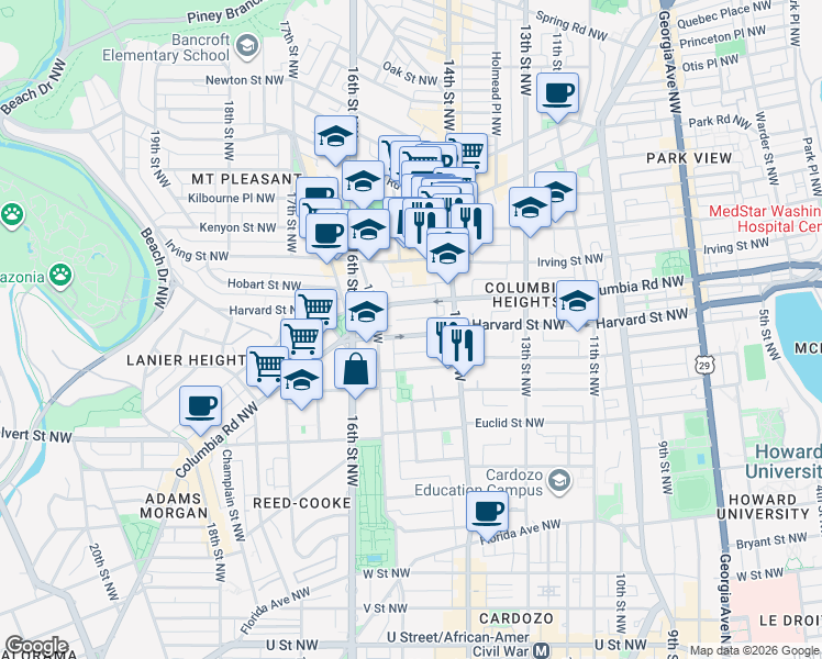 map of restaurants, bars, coffee shops, grocery stores, and more near 101 Independence Avenue Southeast in Washington