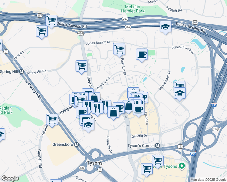 map of restaurants, bars, coffee shops, grocery stores, and more near 1641 International Drive in McLean