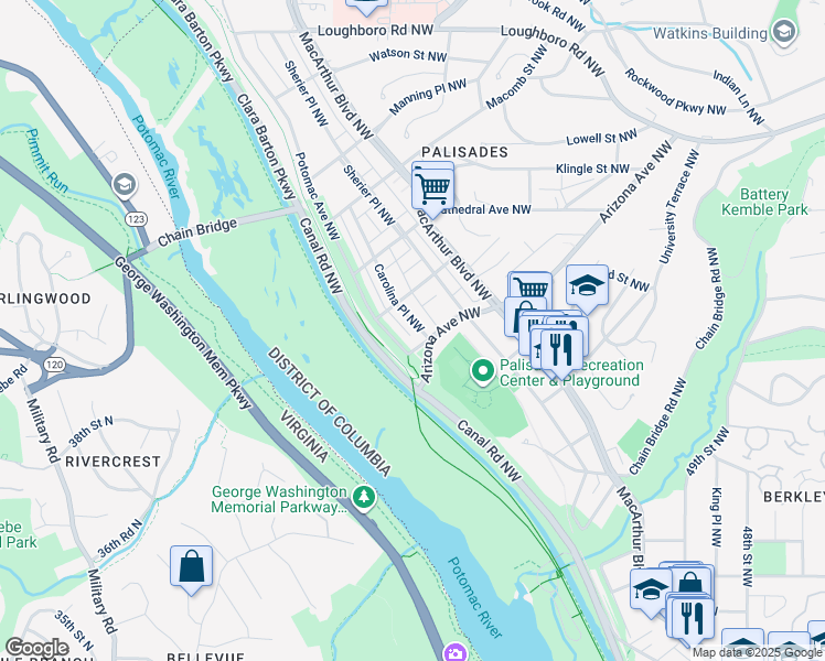 map of restaurants, bars, coffee shops, grocery stores, and more near 5310 Carolina Place Northwest in Washington