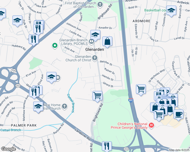 map of restaurants, bars, coffee shops, grocery stores, and more near 8500 Hamlin Street in Lanham