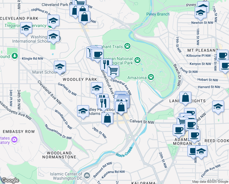 map of restaurants, bars, coffee shops, grocery stores, and more near 2729 Connecticut Avenue Northwest in Washington