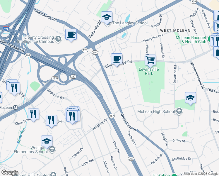 map of restaurants, bars, coffee shops, grocery stores, and more near 1602 Great Falls Street in McLean