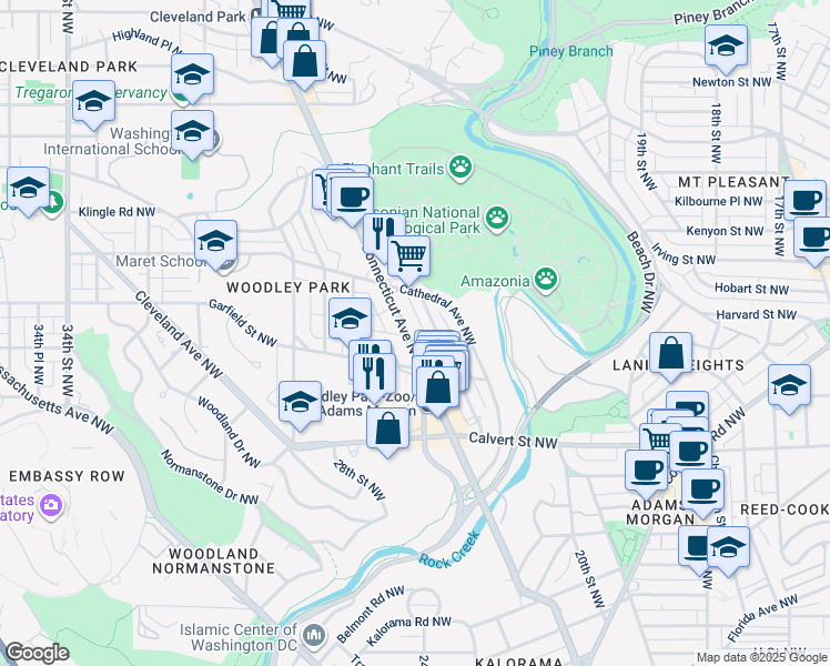 map of restaurants, bars, coffee shops, grocery stores, and more near 2729 Connecticut Avenue Northwest in Washington
