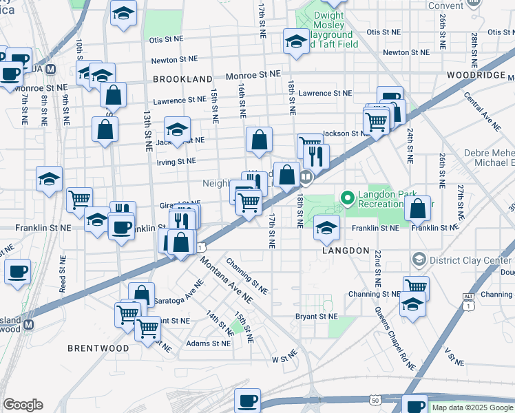 map of restaurants, bars, coffee shops, grocery stores, and more near 1616 Rhode Island Avenue Northeast in Washington