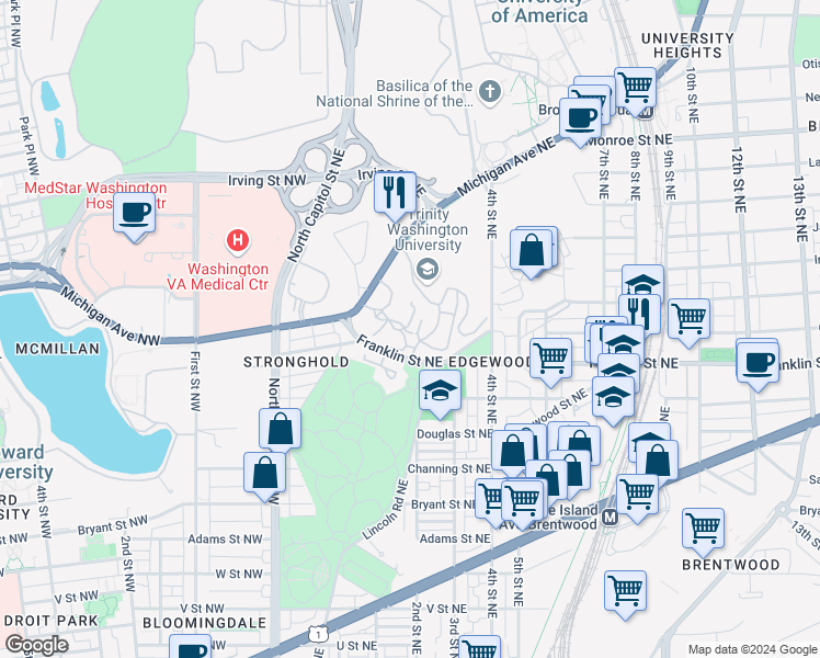 map of restaurants, bars, coffee shops, grocery stores, and more near 125 Michigan Avenue Northeast in Washington