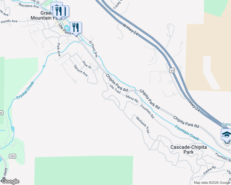 map of restaurants, bars, coffee shops, grocery stores, and more near 10075 Ute Trail in Cascade-Chipita Park