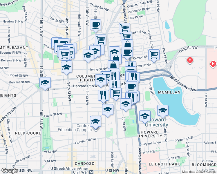 map of restaurants, bars, coffee shops, grocery stores, and more near 1012 Harvard Street Northwest in Washington