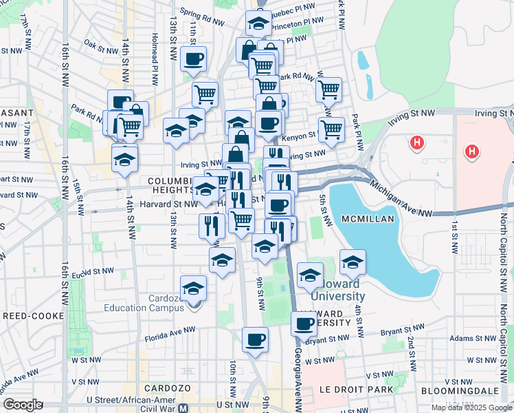 map of restaurants, bars, coffee shops, grocery stores, and more near 745 Gresham Place Northwest in Washington