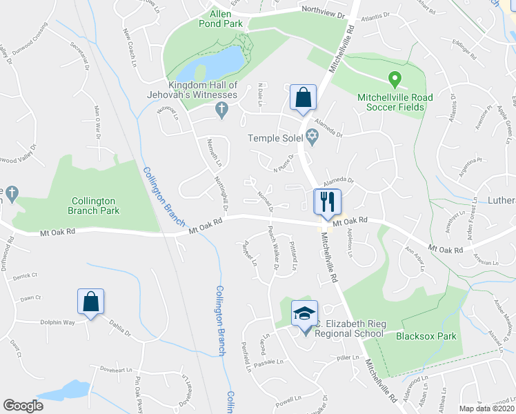 map of restaurants, bars, coffee shops, grocery stores, and more near 15433 Neman Dr in Bowie