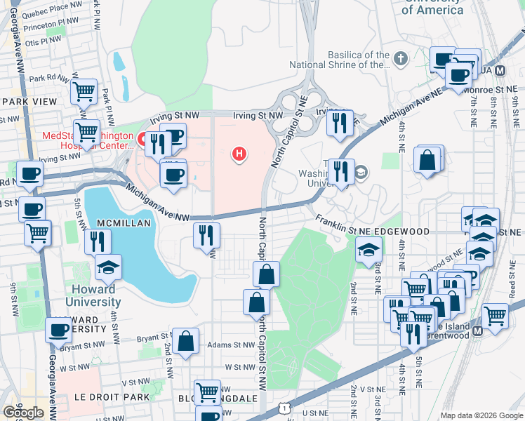 map of restaurants, bars, coffee shops, grocery stores, and more near North Capitol St NW & Michigan Ave NW in Washington