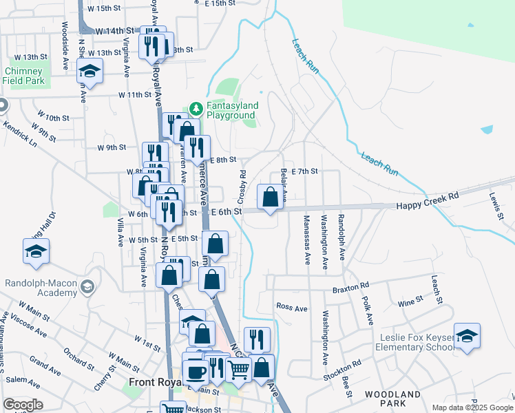 map of restaurants, bars, coffee shops, grocery stores, and more near 604 Midland Avenue in Front Royal