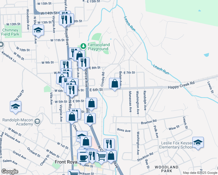 map of restaurants, bars, coffee shops, grocery stores, and more near 604 Midland Avenue in Front Royal