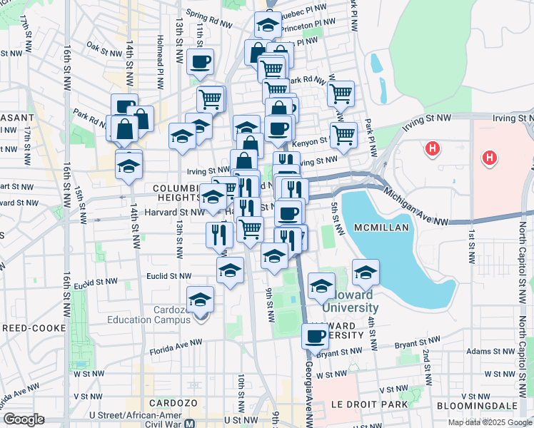 map of restaurants, bars, coffee shops, grocery stores, and more near 745 Gresham Place Northwest in Washington