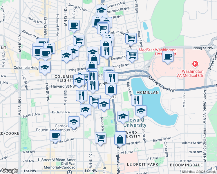 map of restaurants, bars, coffee shops, grocery stores, and more near 715 Gresham Place Northwest in Washington