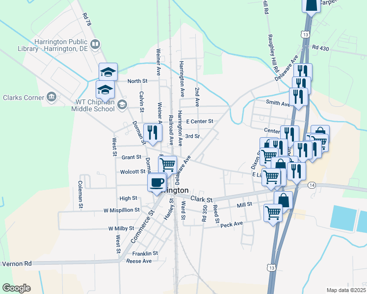 map of restaurants, bars, coffee shops, grocery stores, and more near 206 Harrington Avenue in Harrington