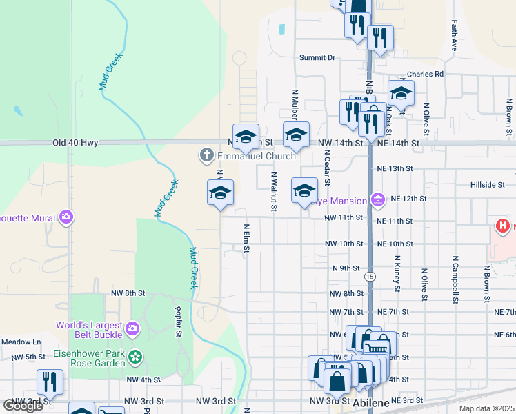 map of restaurants, bars, coffee shops, grocery stores, and more near 612 Northwest 11th Street in Abilene