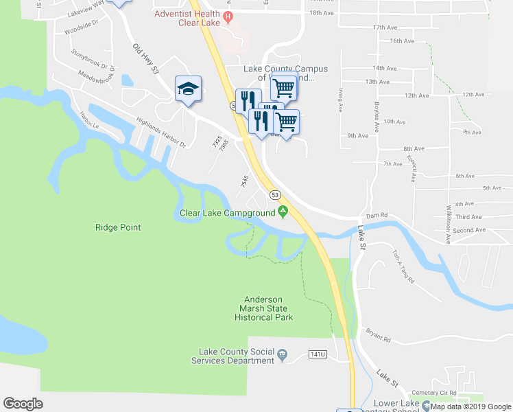 map of restaurants, bars, coffee shops, grocery stores, and more near 7665 Cache Creek Way in Clearlake
