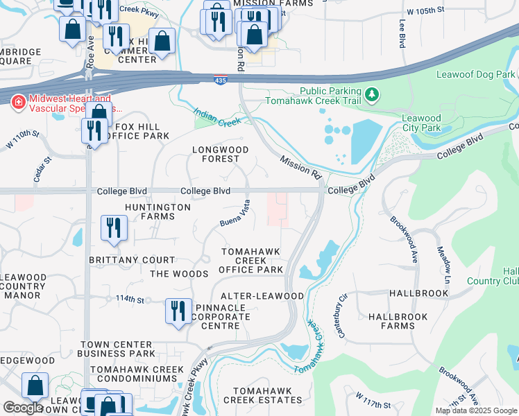 map of restaurants, bars, coffee shops, grocery stores, and more near 11105 Alhambra Street in Leawood