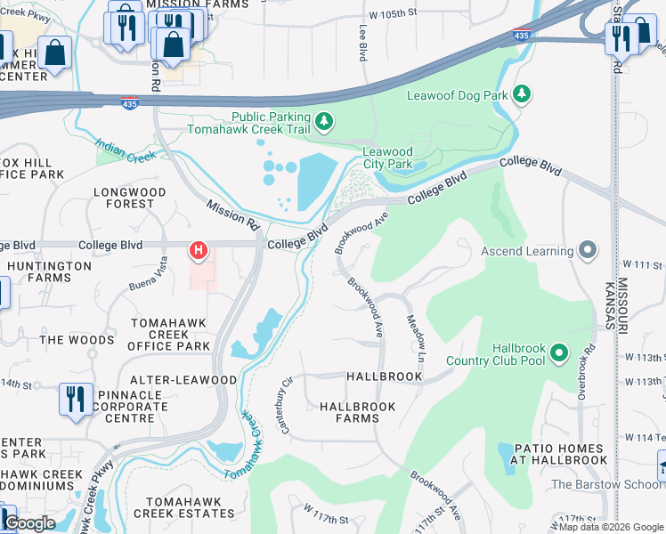 map of restaurants, bars, coffee shops, grocery stores, and more near 11120 Brookwood Street in Leawood