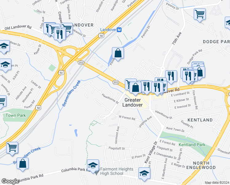 map of restaurants, bars, coffee shops, grocery stores, and more near 2600 Pinebrook Avenue in Hyattsville