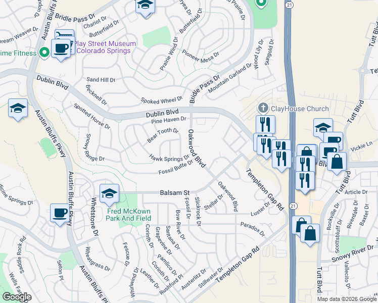map of restaurants, bars, coffee shops, grocery stores, and more near 6610 Oakwood Boulevard in Colorado Springs