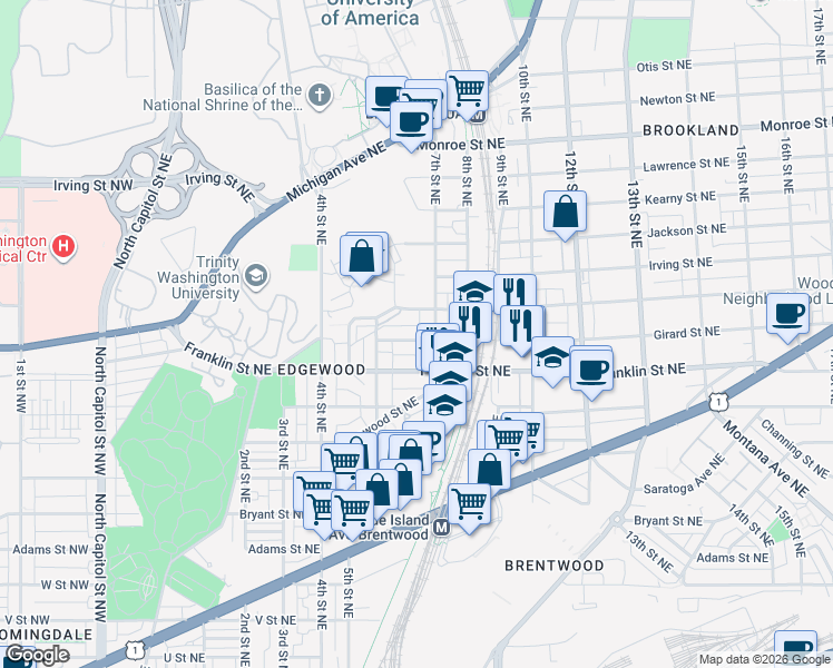 map of restaurants, bars, coffee shops, grocery stores, and more near 101 Independence Avenue Southeast in Washington