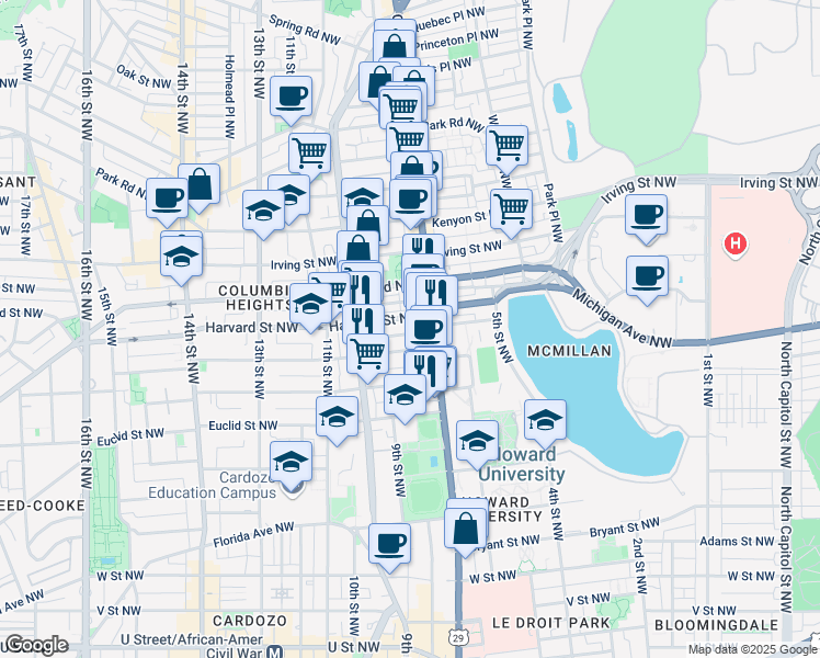 map of restaurants, bars, coffee shops, grocery stores, and more near 727 Gresham Place Northwest in Washington