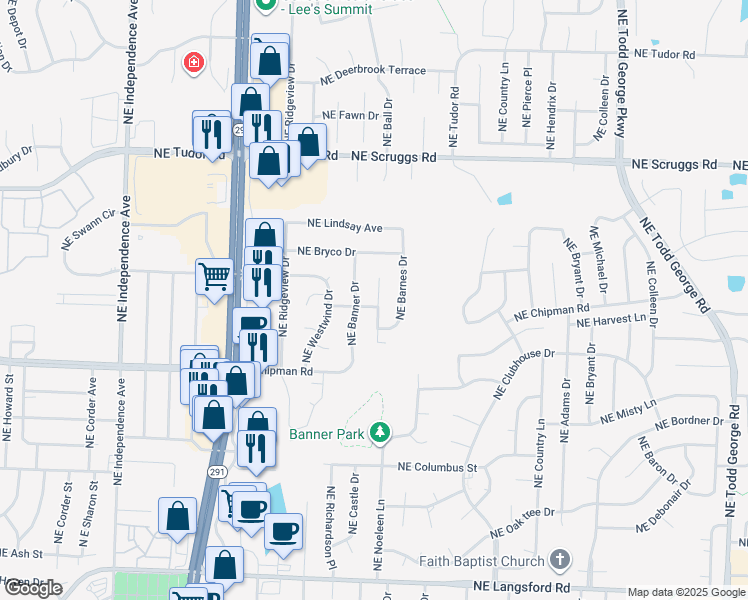 map of restaurants, bars, coffee shops, grocery stores, and more near 801 Northeast Banner Drive in Lee's Summit