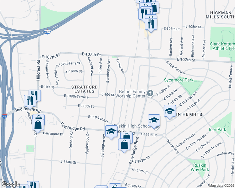 map of restaurants, bars, coffee shops, grocery stores, and more near 10901 Newton Avenue in Kansas City