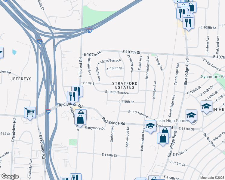 map of restaurants, bars, coffee shops, grocery stores, and more near 6208 East 109th Terrace in Kansas City