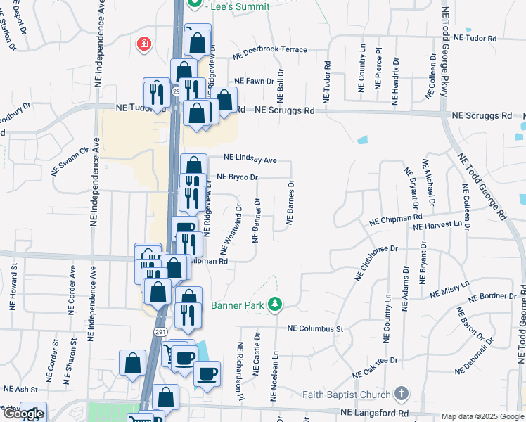 map of restaurants, bars, coffee shops, grocery stores, and more near 801 Northeast Banner Drive in Lee's Summit