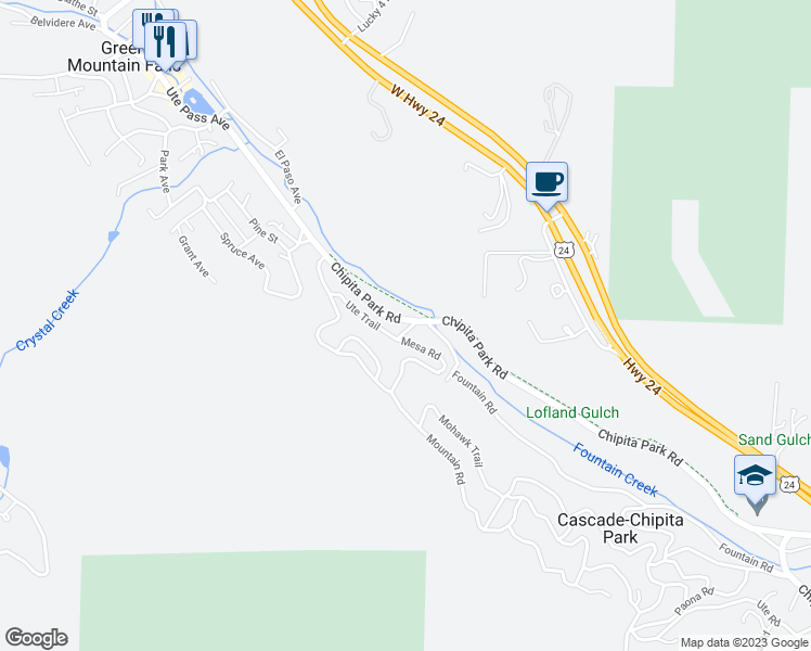 map of restaurants, bars, coffee shops, grocery stores, and more near 10015 Chipita Park Road in Cascade-Chipita Park