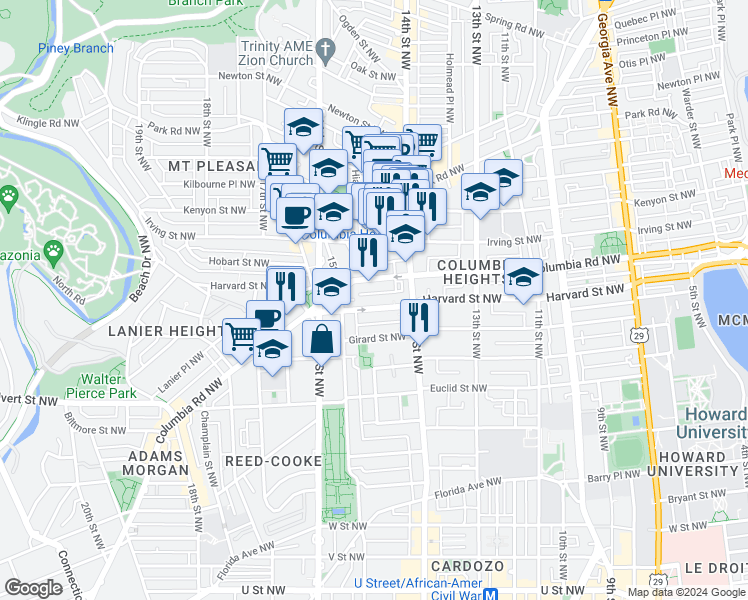 map of restaurants, bars, coffee shops, grocery stores, and more near 1449 Harvard Street Northwest in Washington