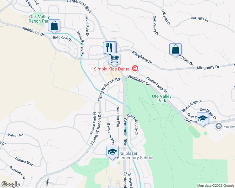 map of restaurants, bars, coffee shops, grocery stores, and more near Denton Grove in Colorado Springs