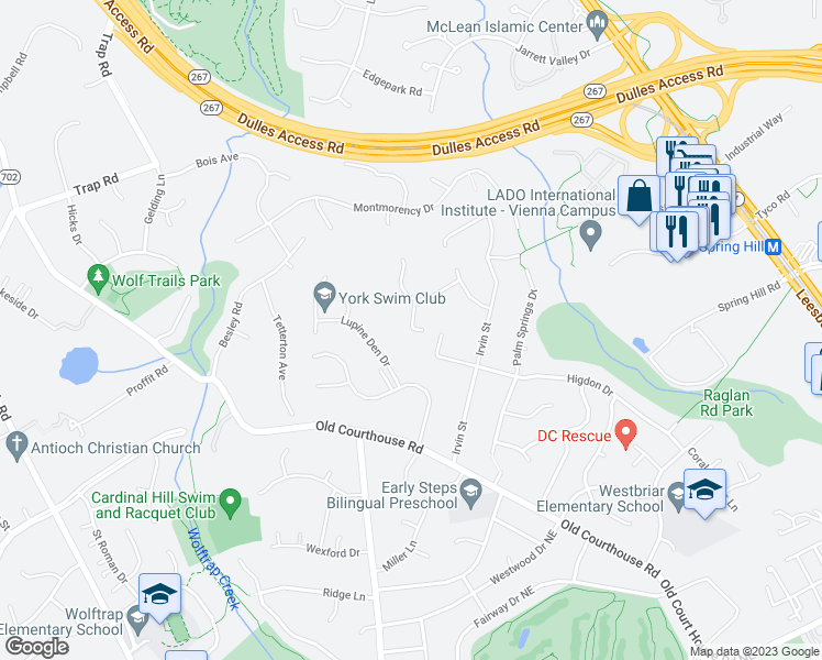 map of restaurants, bars, coffee shops, grocery stores, and more near 8915 Higdon Drive in Vienna