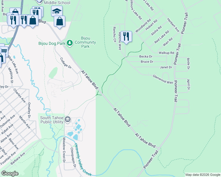 map of restaurants, bars, coffee shops, grocery stores, and more near 1387 Matheson Drive in South Lake Tahoe