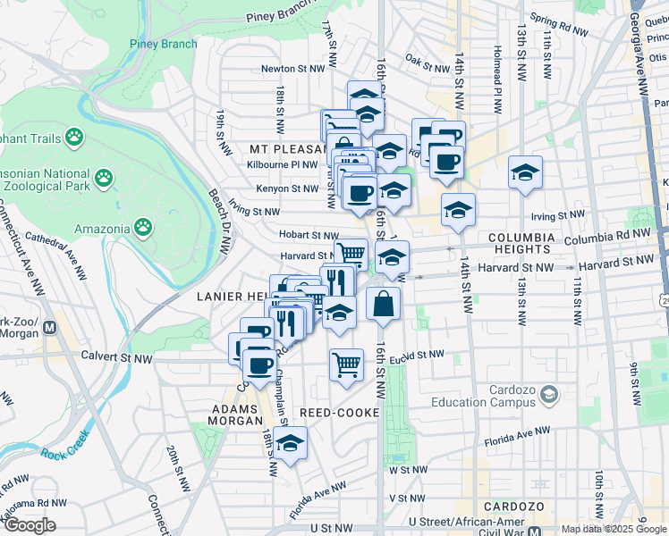map of restaurants, bars, coffee shops, grocery stores, and more near 1601 Argonne Place Northwest in Washington