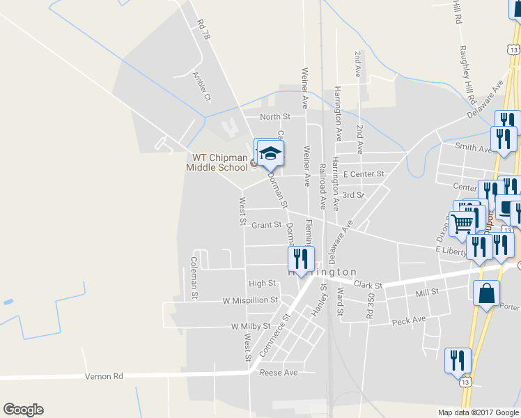 map of restaurants, bars, coffee shops, grocery stores, and more near 119 West Liberty Street in Harrington