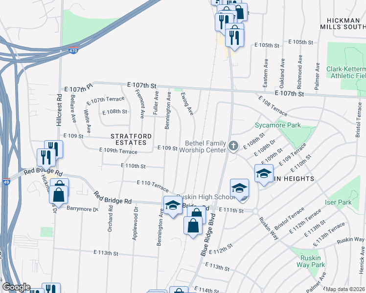 map of restaurants, bars, coffee shops, grocery stores, and more near 10901 Newton Avenue in Kansas City