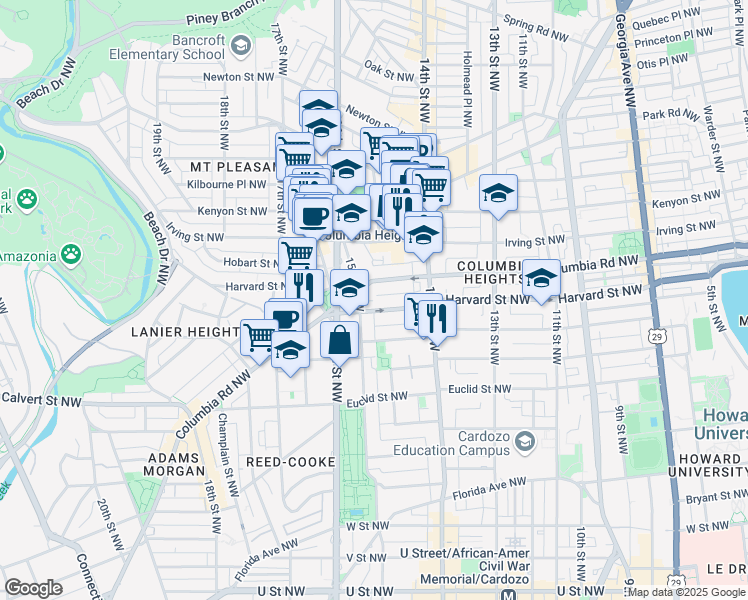 map of restaurants, bars, coffee shops, grocery stores, and more near 1469 Harvard Street Northwest in Washington
