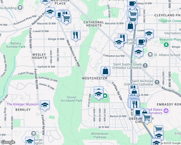 map of restaurants, bars, coffee shops, grocery stores, and more near 2801 New Mexico Avenue Northwest in Washington