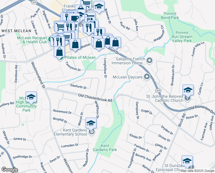 map of restaurants, bars, coffee shops, grocery stores, and more near 1541 Longfellow Street in McLean