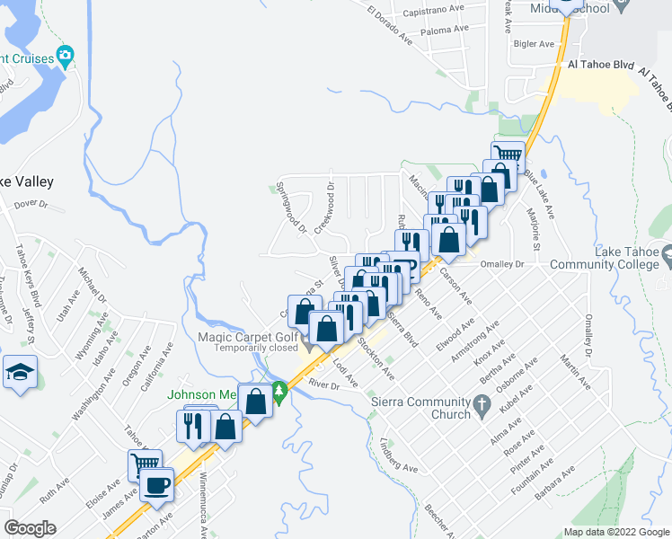 map of restaurants, bars, coffee shops, grocery stores, and more near Conestoga St & Silver Dollar Ave in South Lake Tahoe