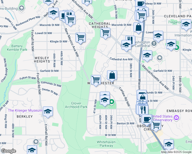 map of restaurants, bars, coffee shops, grocery stores, and more near 2801 New Mexico Avenue Northwest in Washington