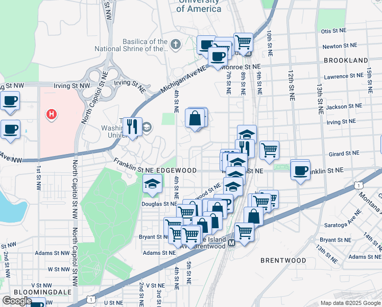 map of restaurants, bars, coffee shops, grocery stores, and more near 2841 Chancellor's Way Northeast in Washington