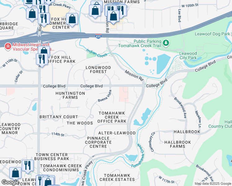 map of restaurants, bars, coffee shops, grocery stores, and more near 11105 Alhambra Street in Leawood